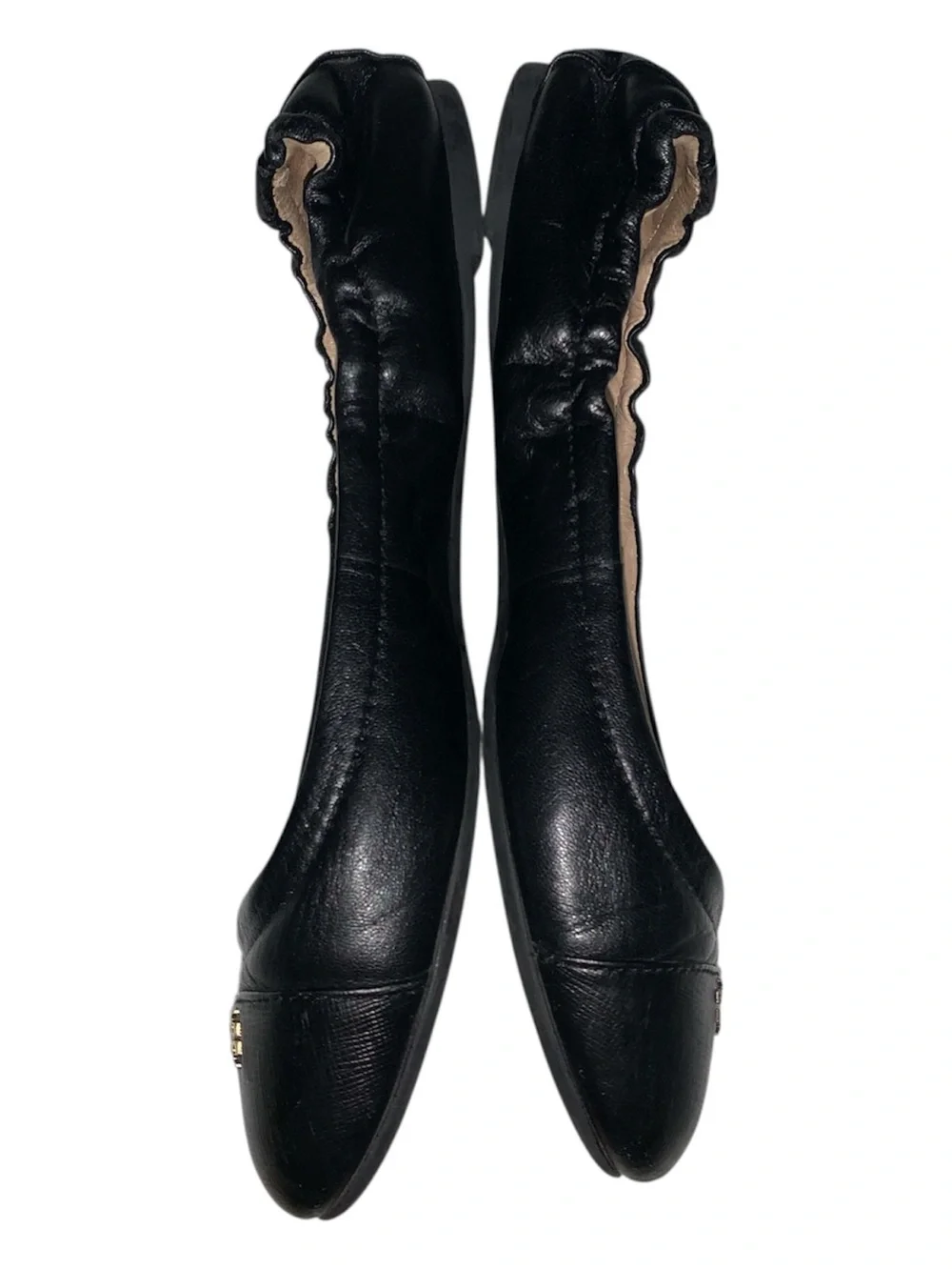 Tory Burch Black ‘York’ Leather Elastic-Back Ballet Flats with Gold Logo